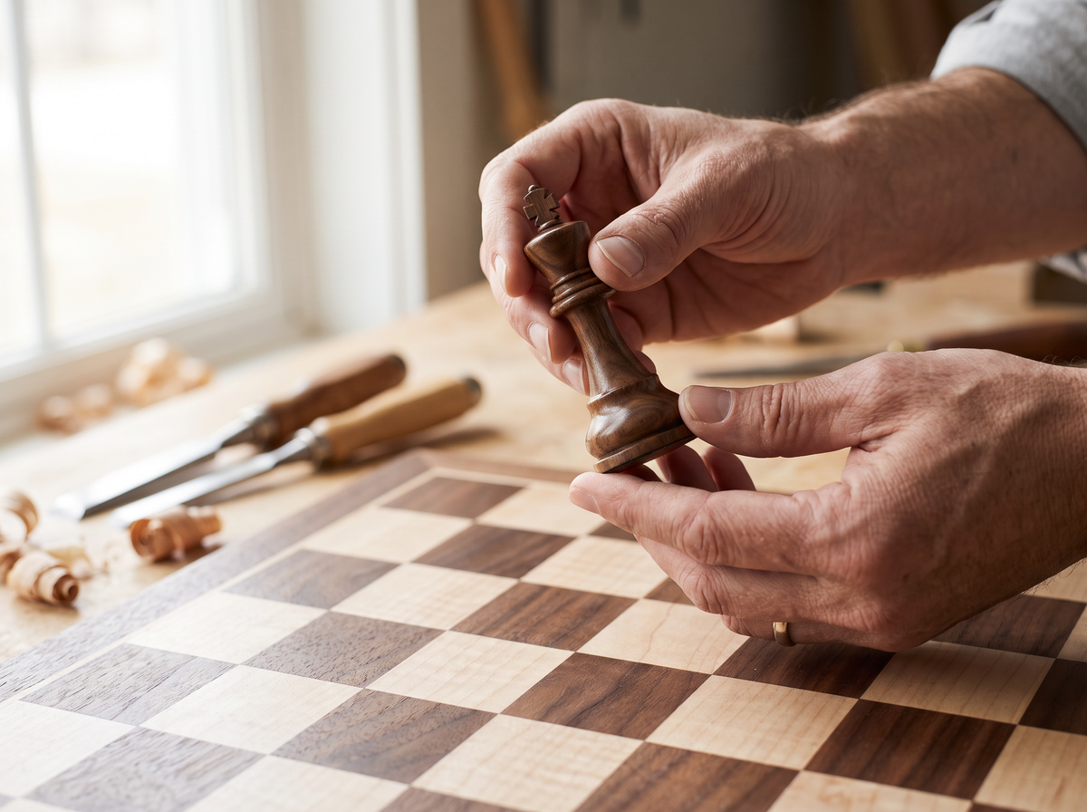 Artisan inspectant une pièce d'échecs en noyer Image