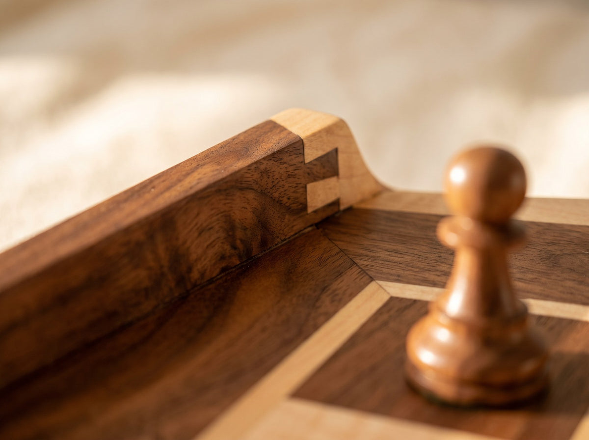 Angle d'un plateau d'échecs en bois, veinage et marqueterie visibles Image