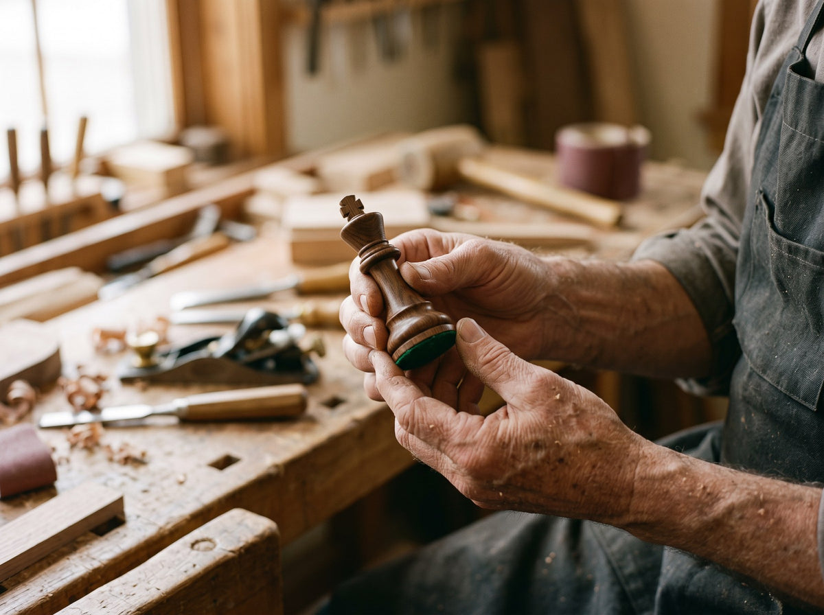 Pièce d'échecs en bois tenue en main dans l'atelier, base feutrée visible Image
