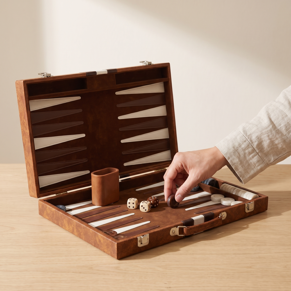 Backgammon Havana - Malette Simili Cuir Brun — en jeu