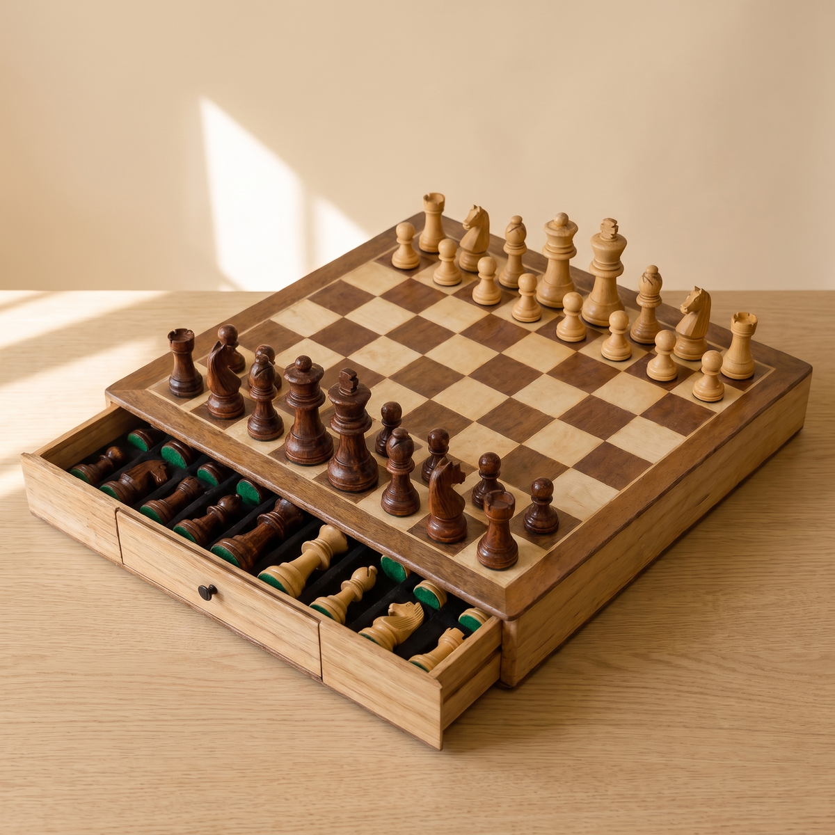 Jeu d'échecs avec tiroir en bois d'Érable — rangement