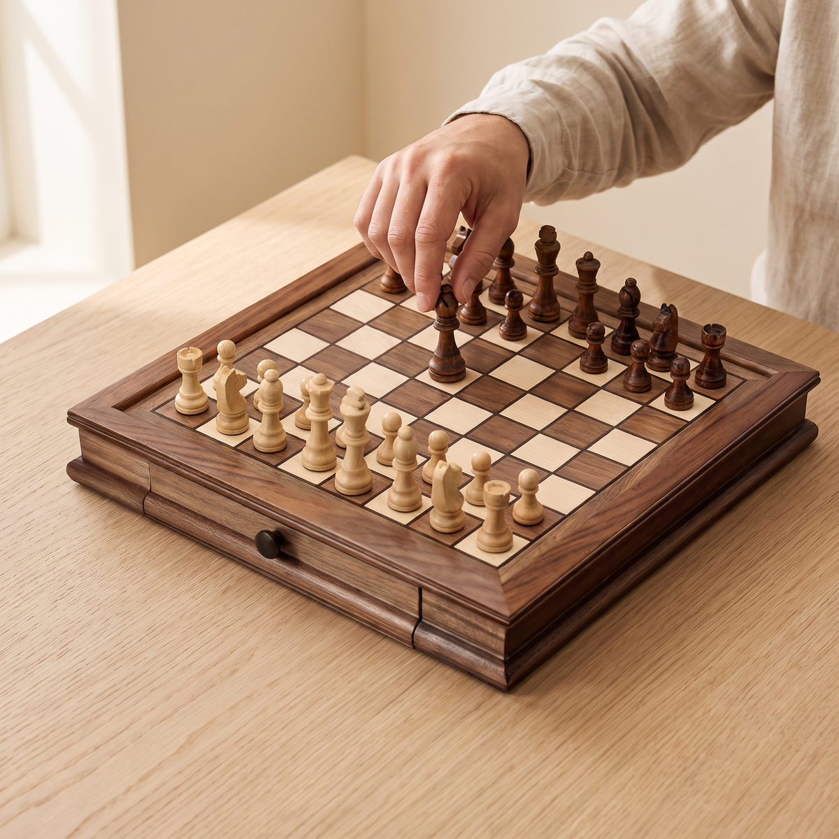 Échiquier en bois de Noyer avec tiroirs — en jeu