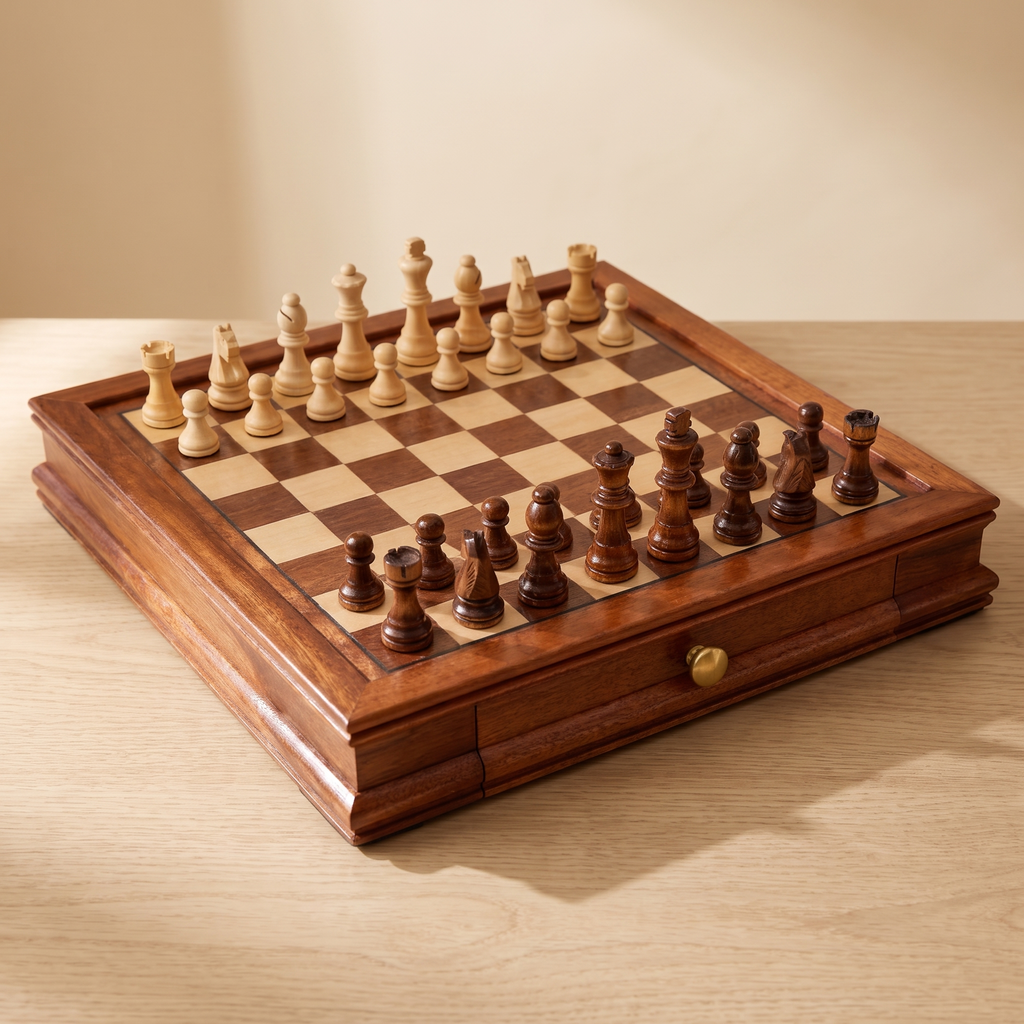 Échiquier magnétique avec tiroirs en bois d'Érable — packshot