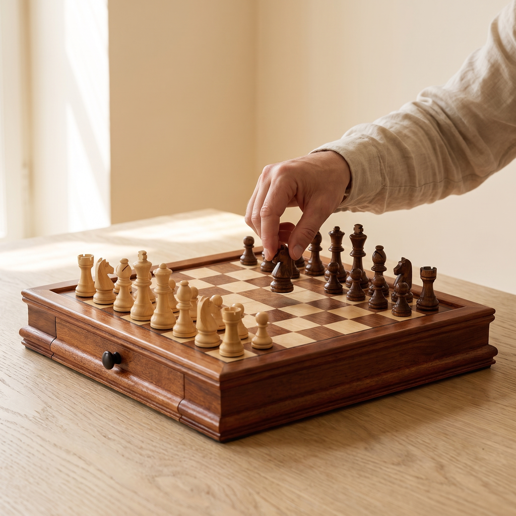 Échiquier magnétique avec tiroirs en bois d'Érable — en jeu
