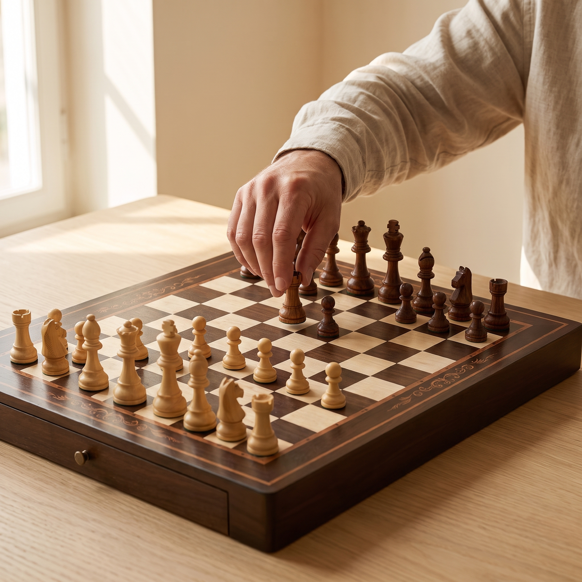Échiquier avec tiroirs en bois de Noyer et d'Érable — en jeu