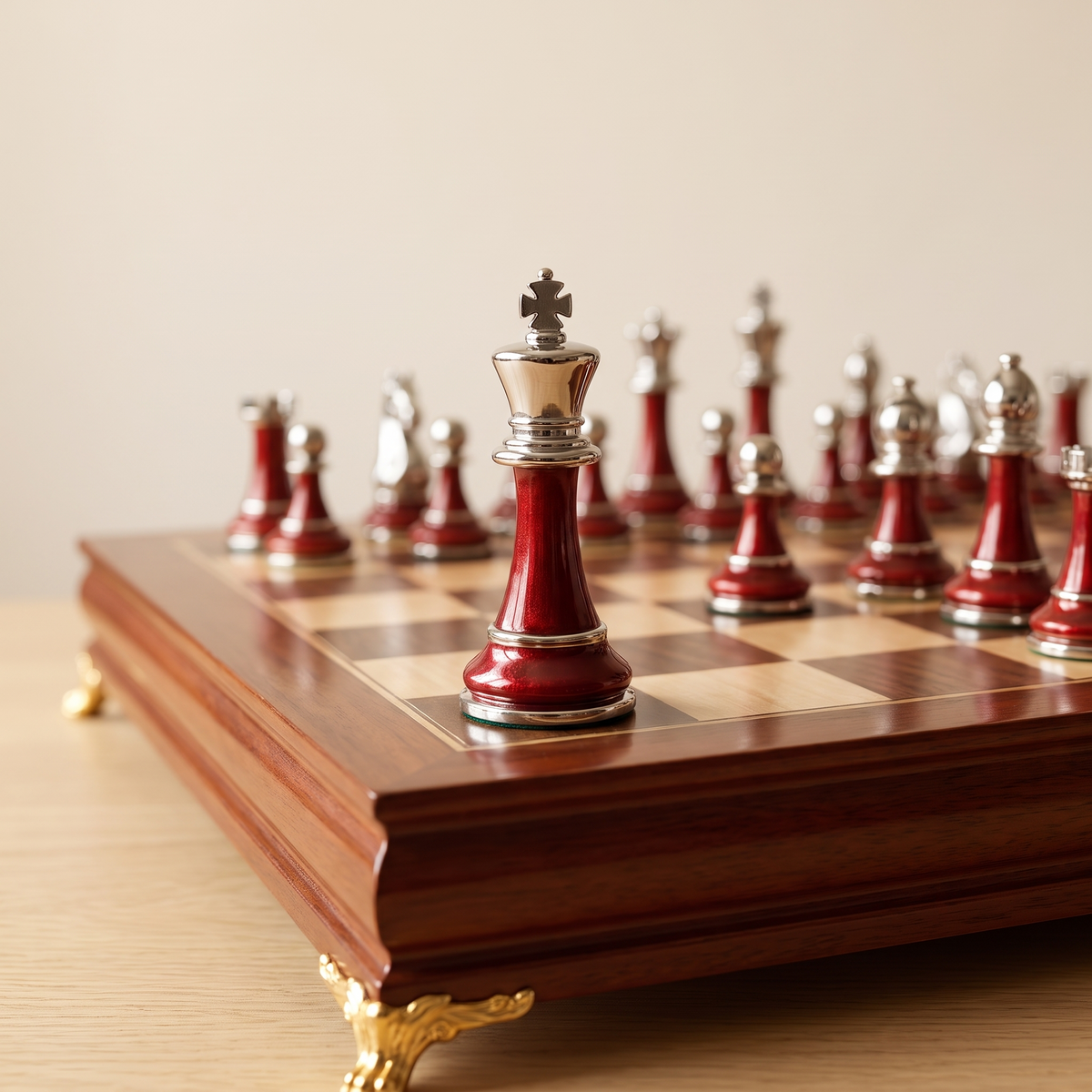 Jeu d'échecs en bois d'ébène avec rangement sous plateau — detail
