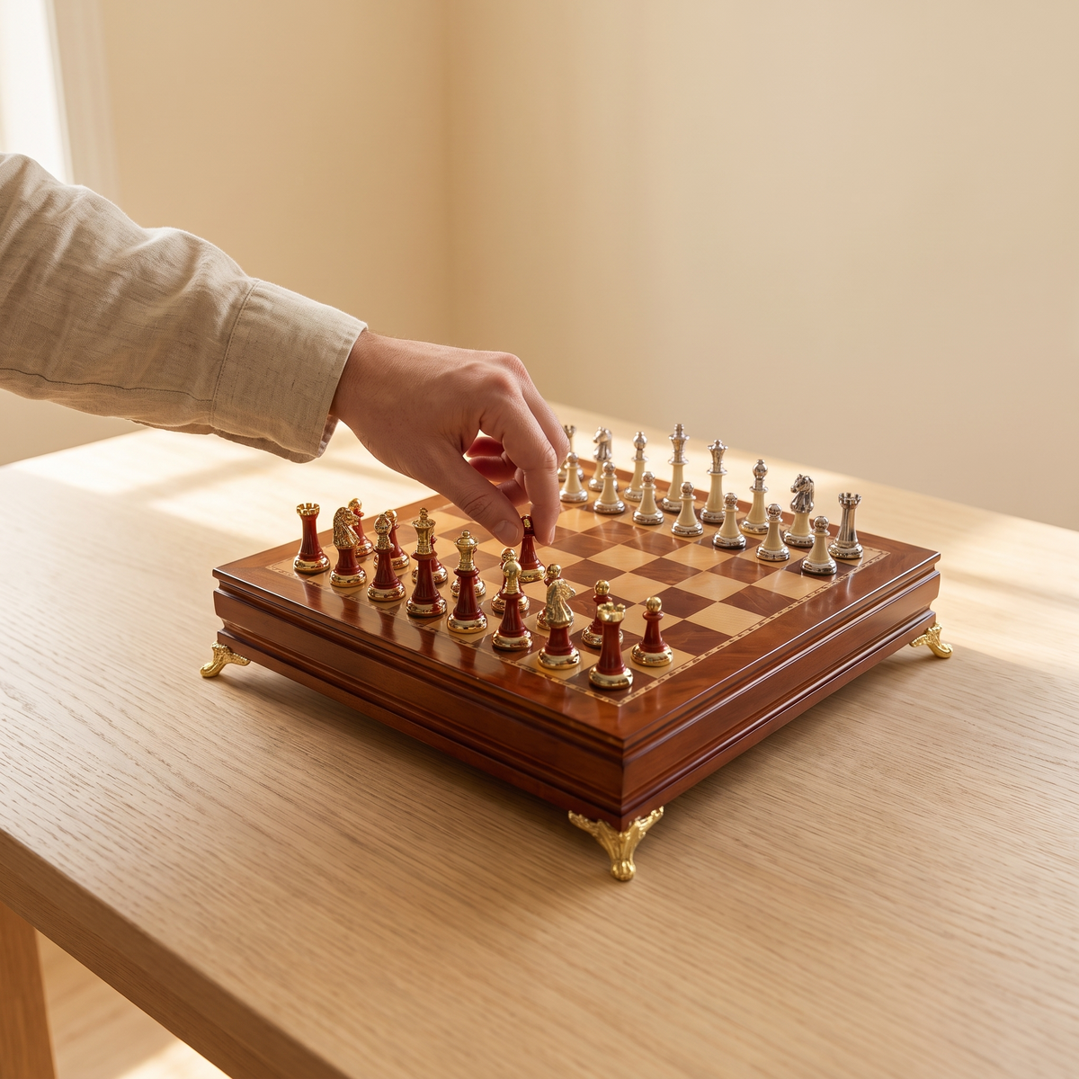 Jeu d'échecs en bois d'ébène avec rangement sous plateau — en jeu