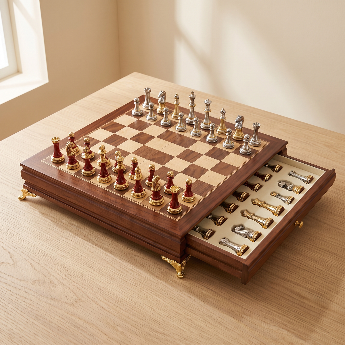 Jeu d'échecs en bois d'ébène avec rangement sous plateau — rangement