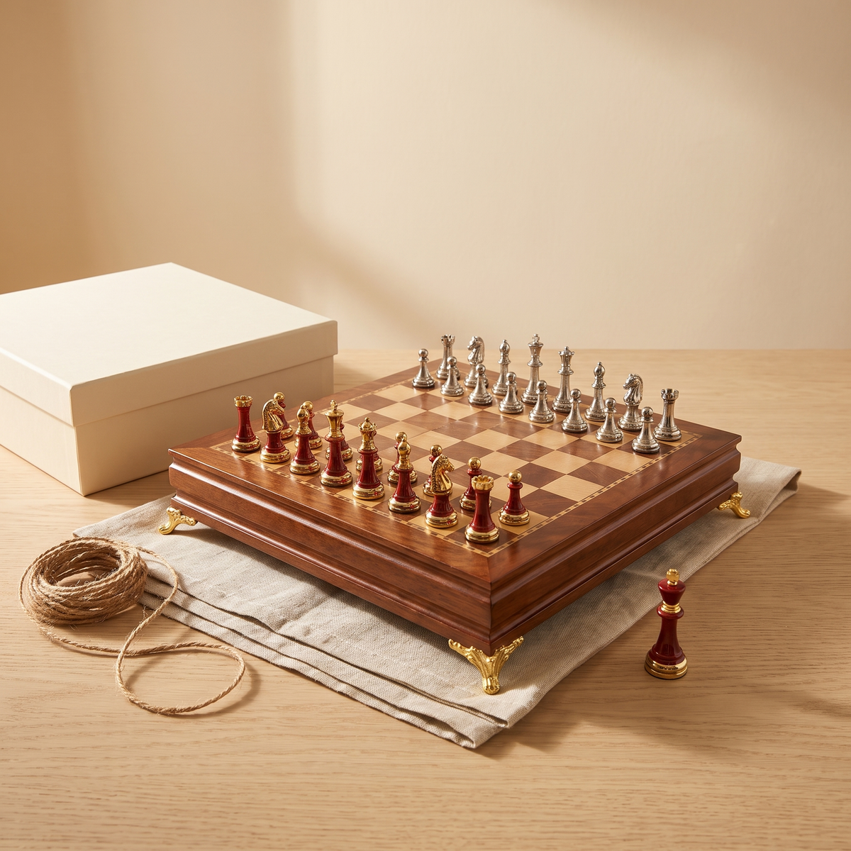 Jeu d'échecs en bois d'ébène avec rangement sous plateau — coffret cadeau