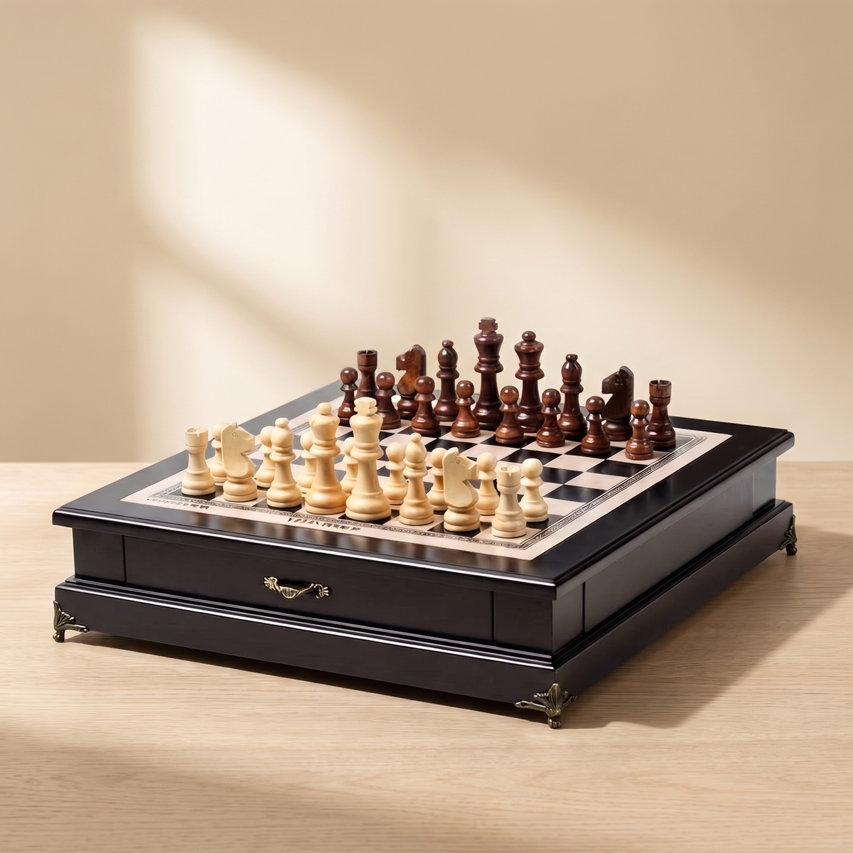 Jeu d'échecs avec tiroir en bois d'Olivier — packshot