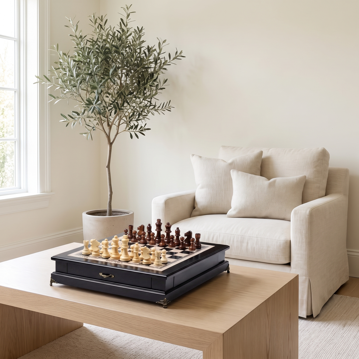 Jeu d'échecs avec tiroir en bois d'Olivier — en situation