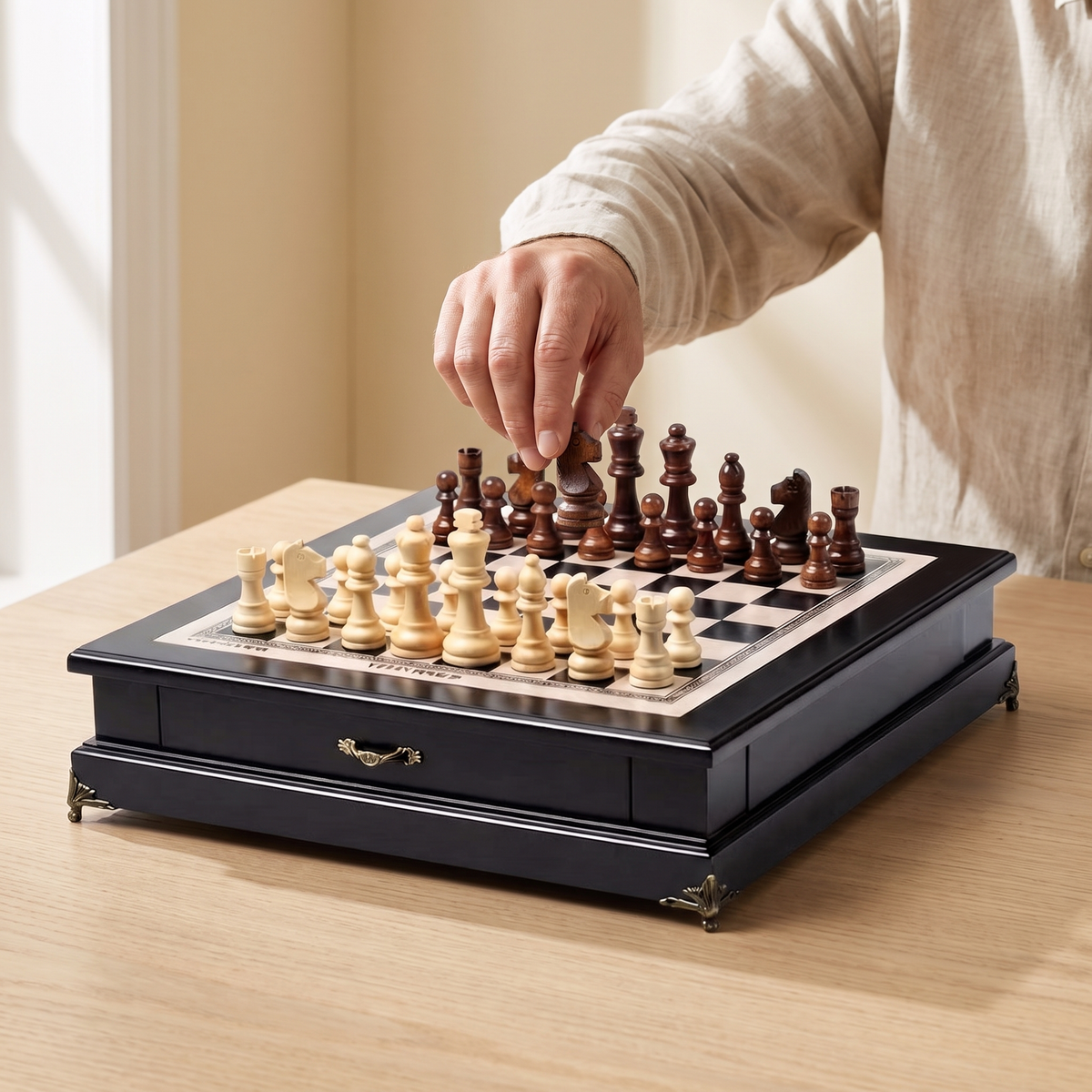Jeu d'échecs avec tiroir en bois d'Olivier — en jeu
