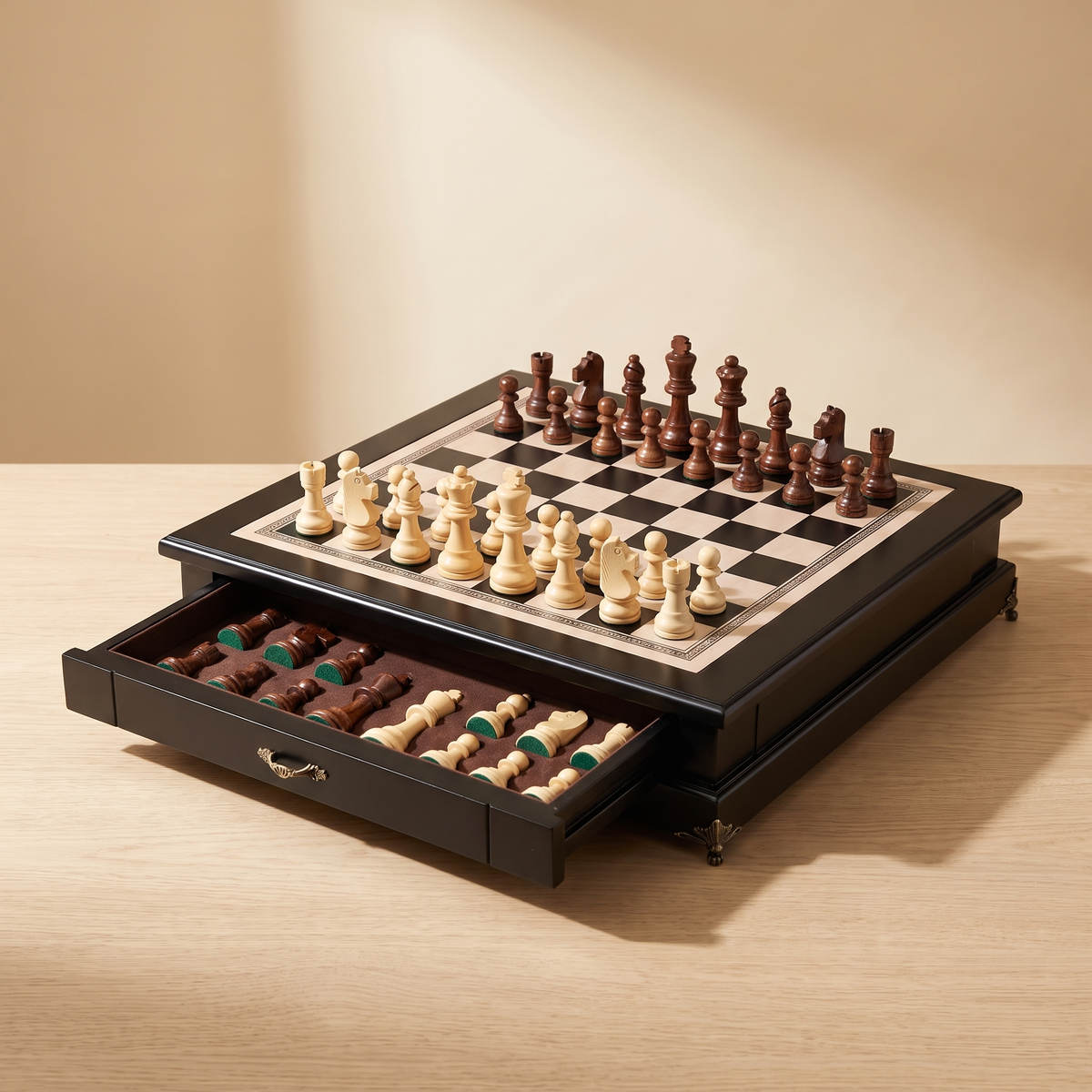 Jeu d'échecs avec tiroir en bois d'Olivier — rangement