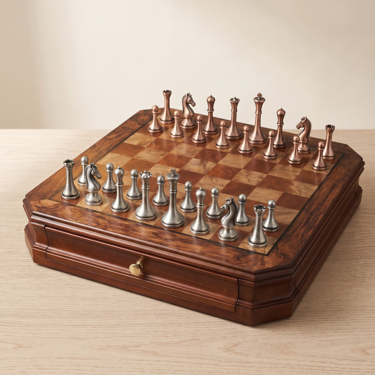 Jeu d'échecs tiroirs en bois d'Acajou et pièces en métal vieilli — packshot
