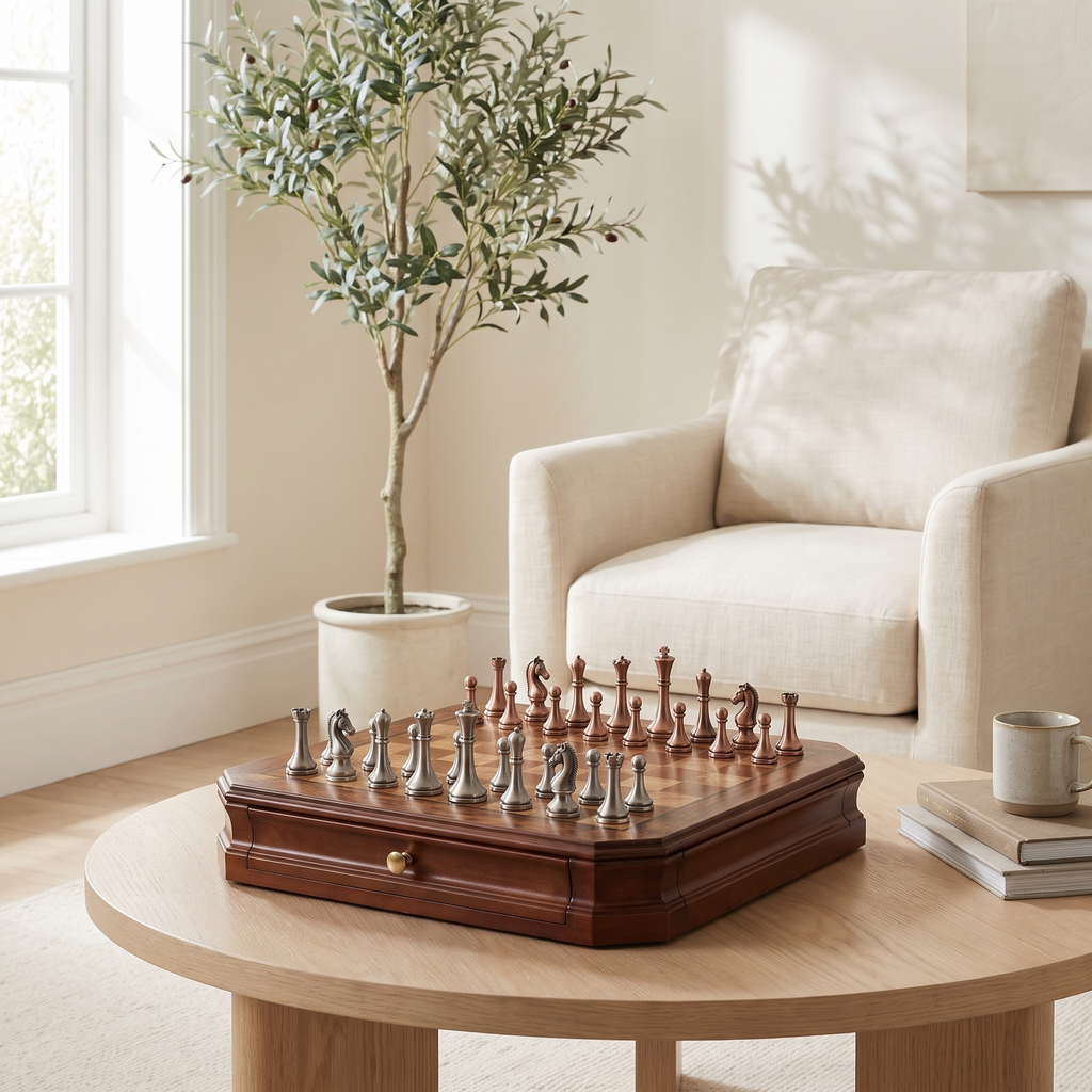 Jeu d'échecs tiroirs en bois d'Acajou et pièces en métal vieilli — en situation