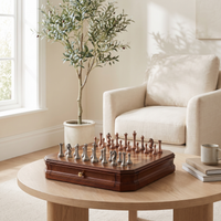 Jeu d'échecs tiroirs en bois d'Acajou et pièces en métal vieilli — en situation