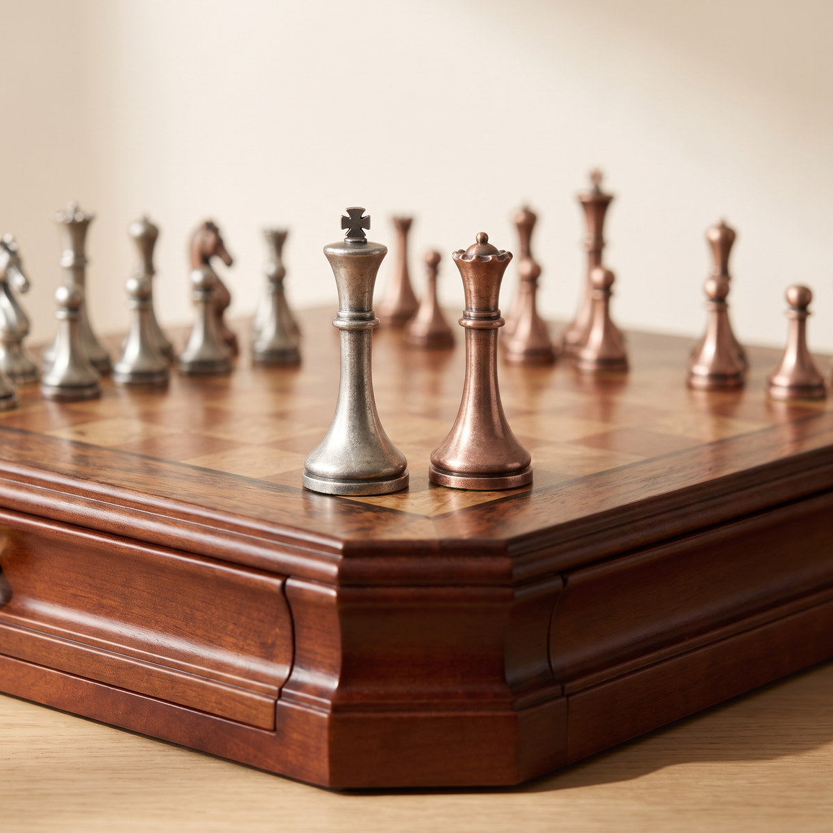 Jeu d'échecs tiroirs en bois d'Acajou et pièces en métal vieilli — detail
