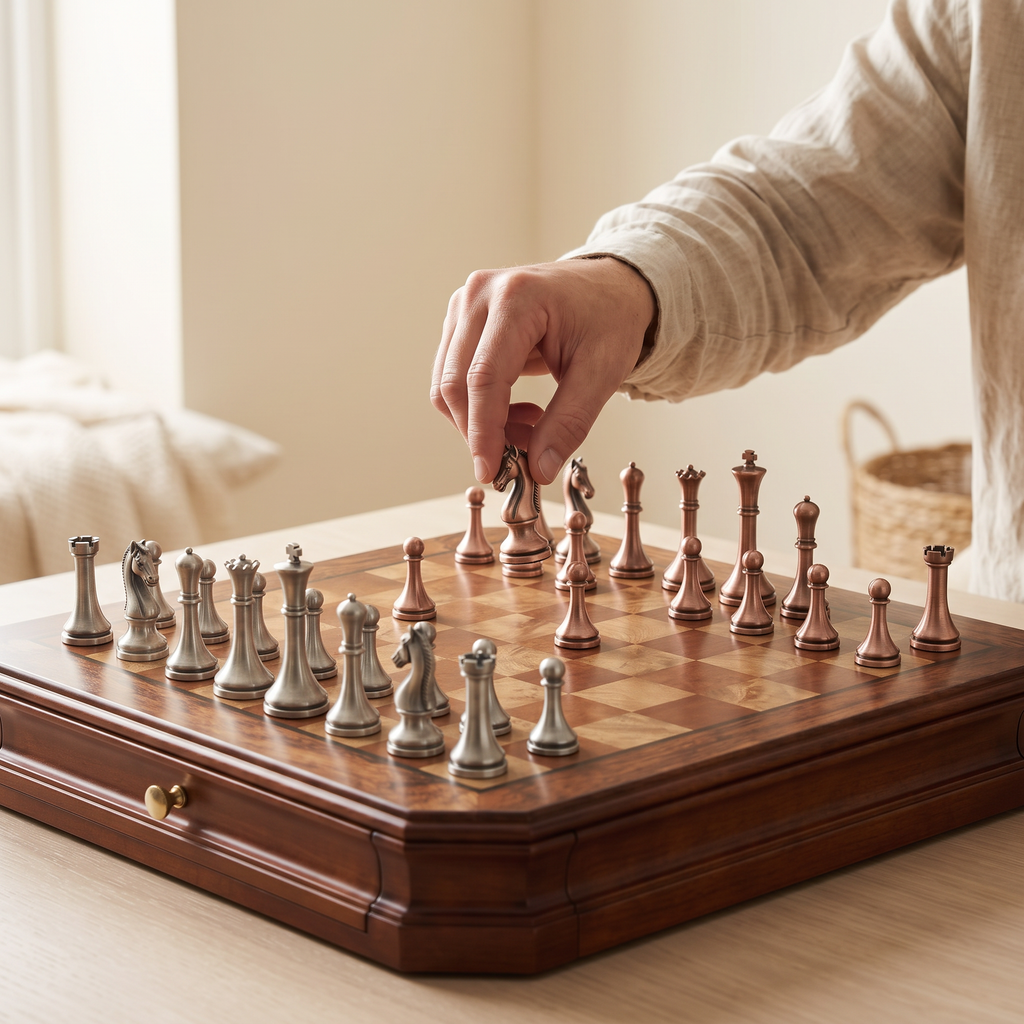 Jeu d'échecs tiroirs en bois d'Acajou et pièces en métal vieilli — en jeu