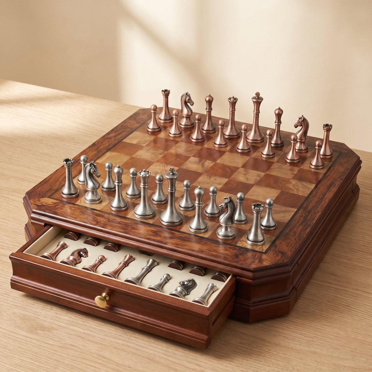 Jeu d'échecs tiroirs en bois d'Acajou et pièces en métal vieilli — rangement