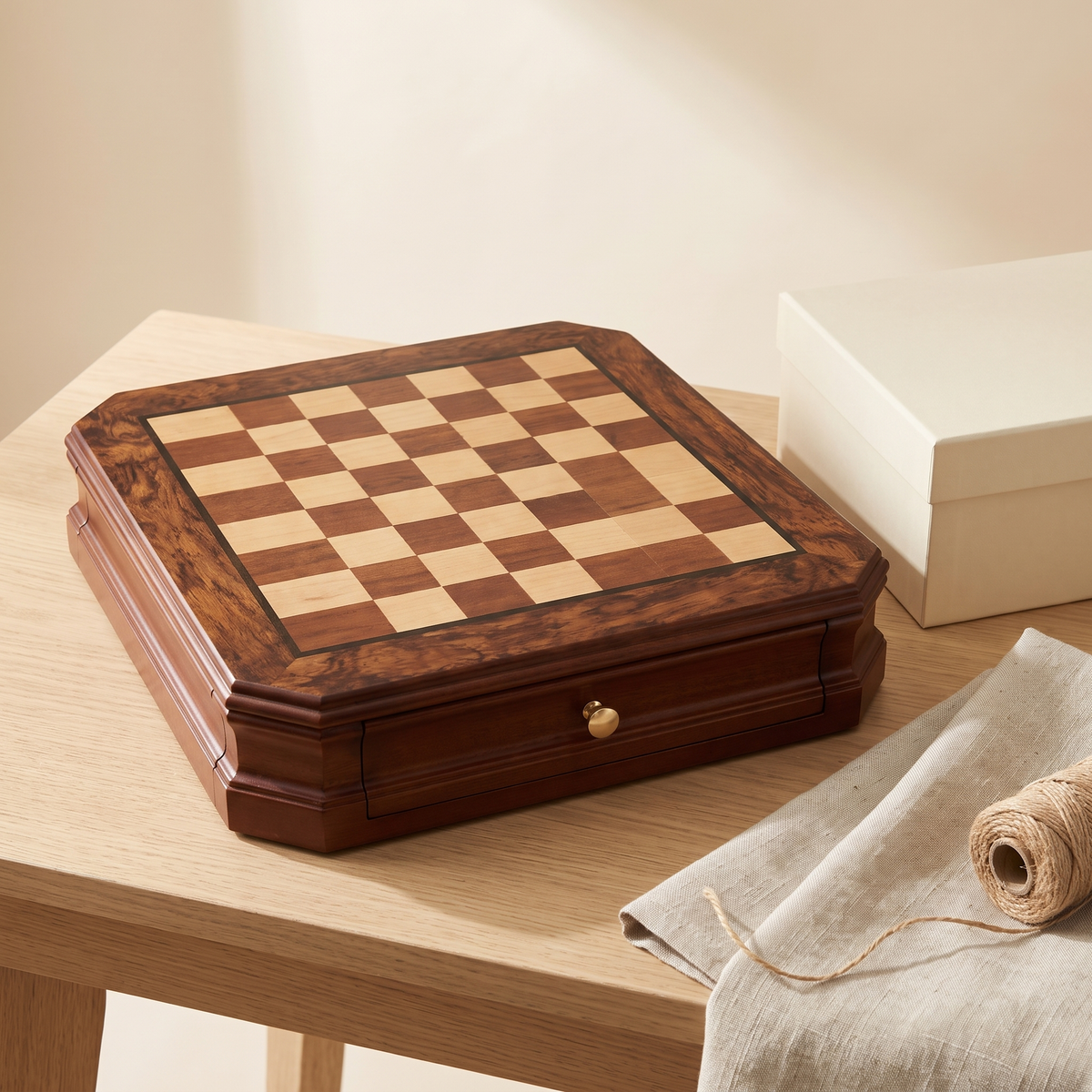 Jeu d'échecs tiroirs en bois d'Acajou et pièces en métal vieilli — coffret cadeau