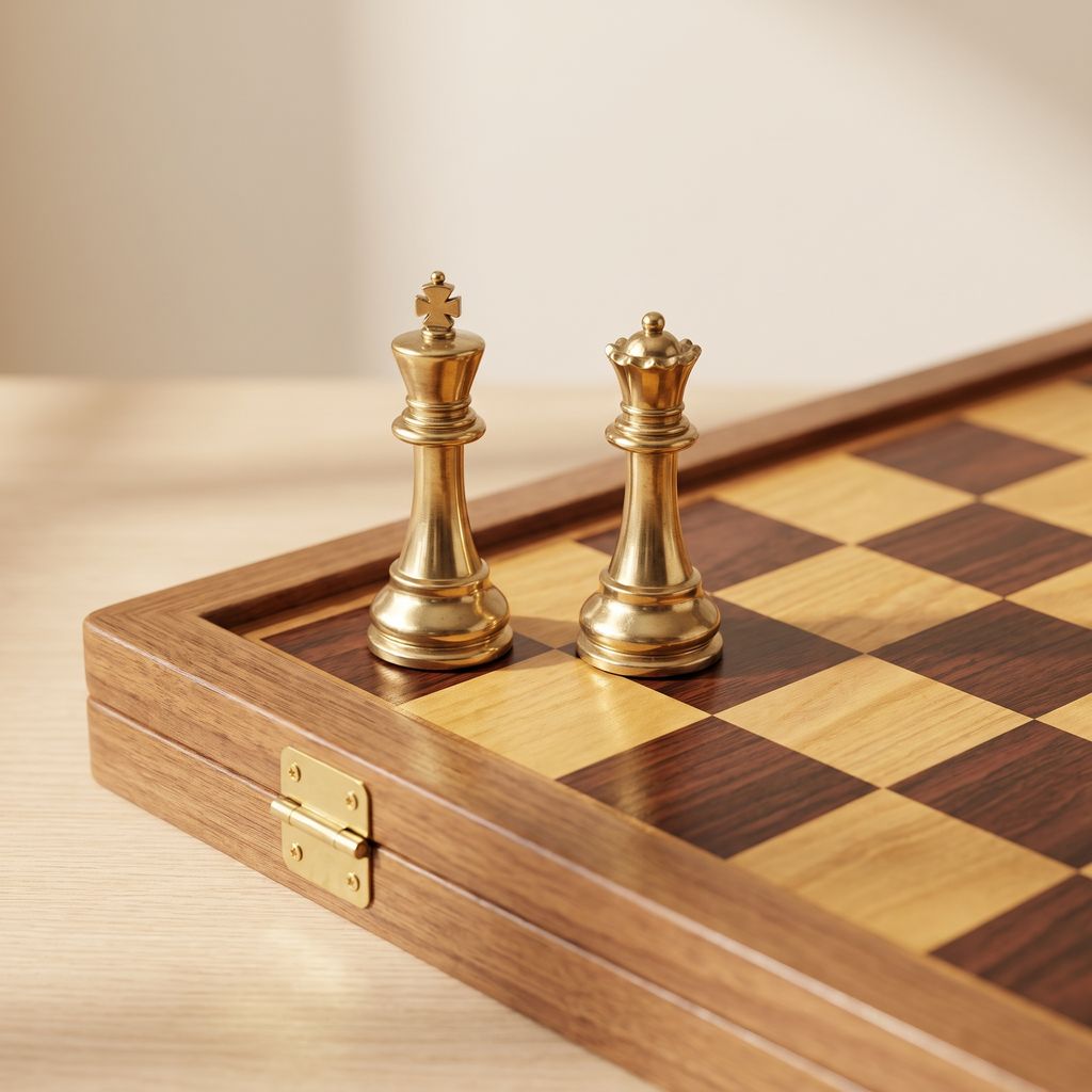 Échiquier pliable en bois d'Acajou et pièces en laiton — detail
