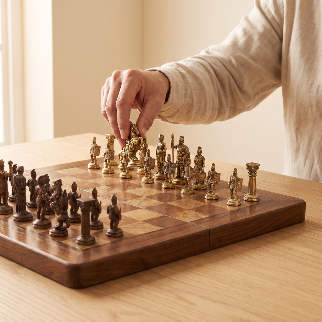 Échiquier pliable en bois d'Acajou et pièces en laiton — en jeu