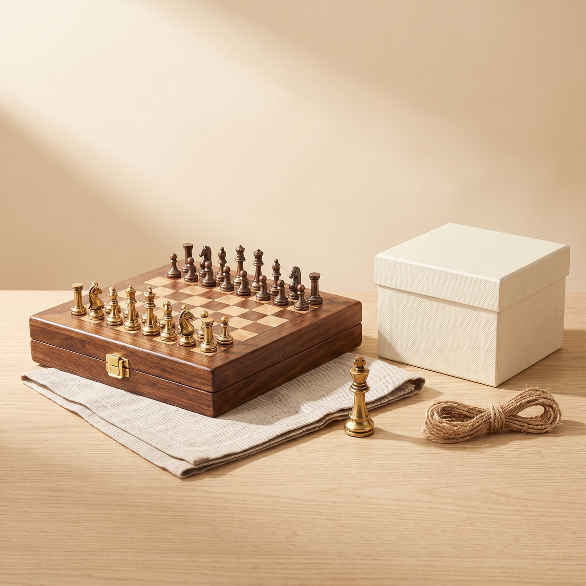 Échiquier pliable en bois d'Acajou et pièces en laiton — coffret cadeau
