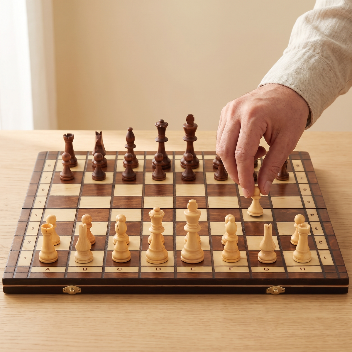 Échiquier magnétique pliable en bois de Noyer — en jeu