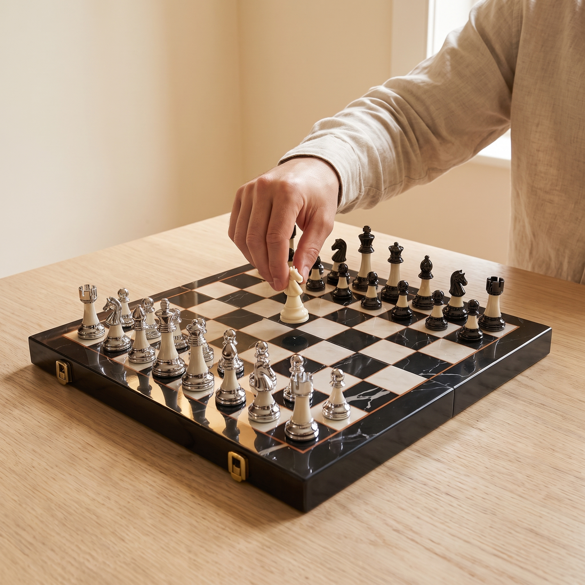 Échiquier pliable en bois d'Ébène et pièces acrylique effet métal — en jeu