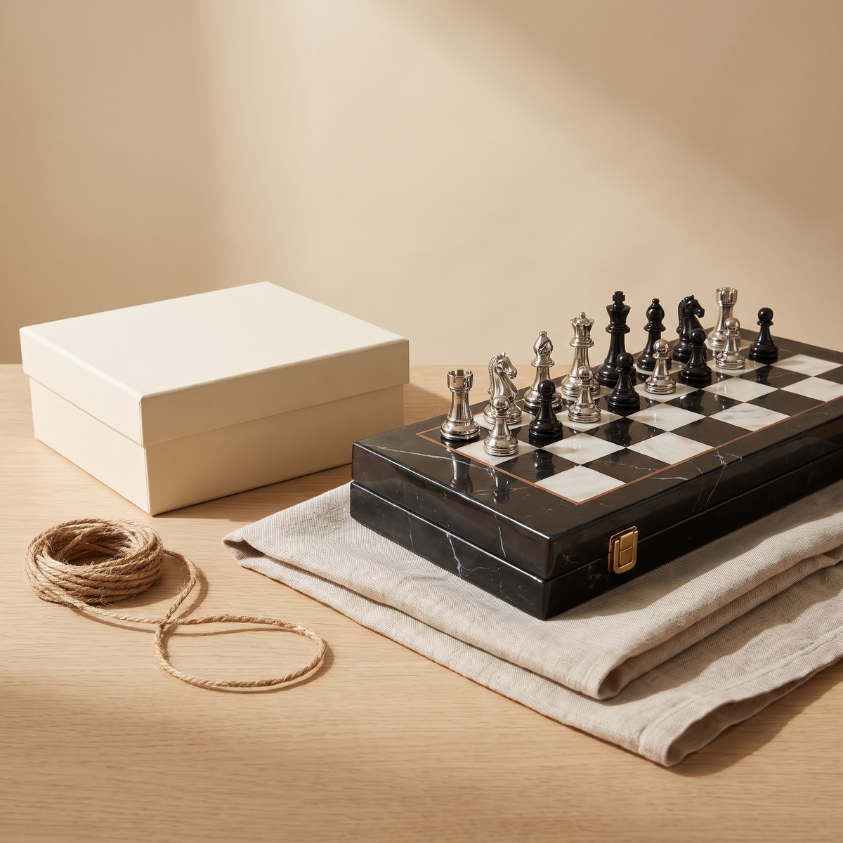 Échiquier pliable en bois d'Ébène et pièces acrylique effet métal — coffret cadeau