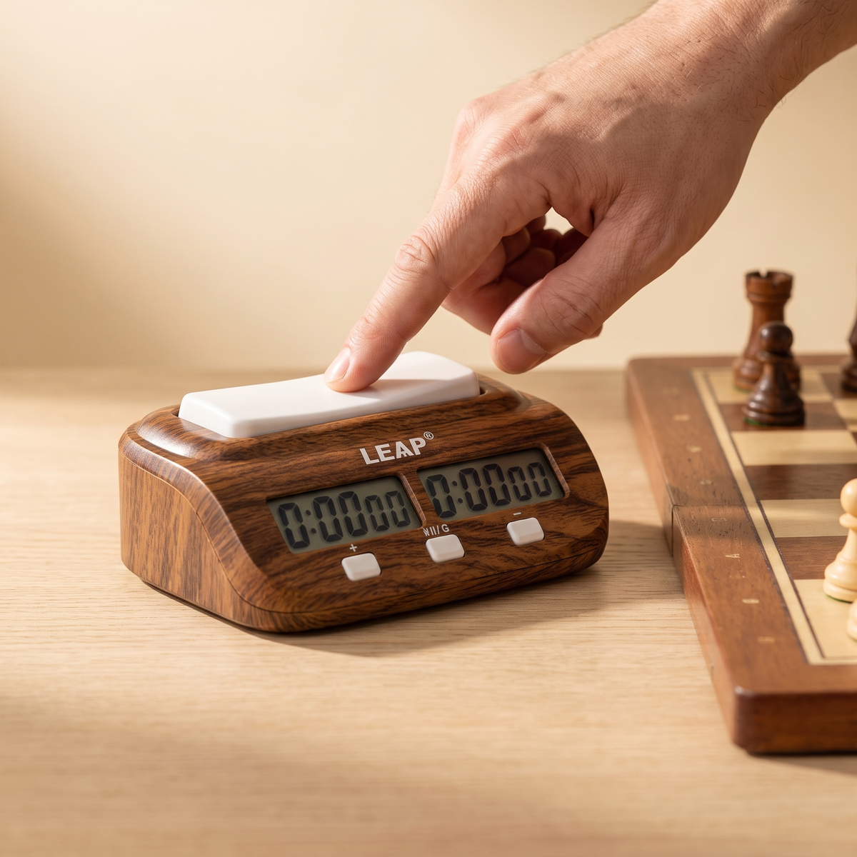 Pendule d'échecs numérique effet bois — en jeu