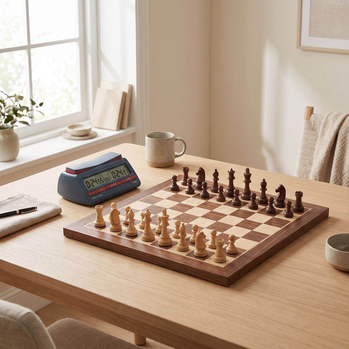 Pendule d'échecs numérique avec 42 modes de jeu — en situation
